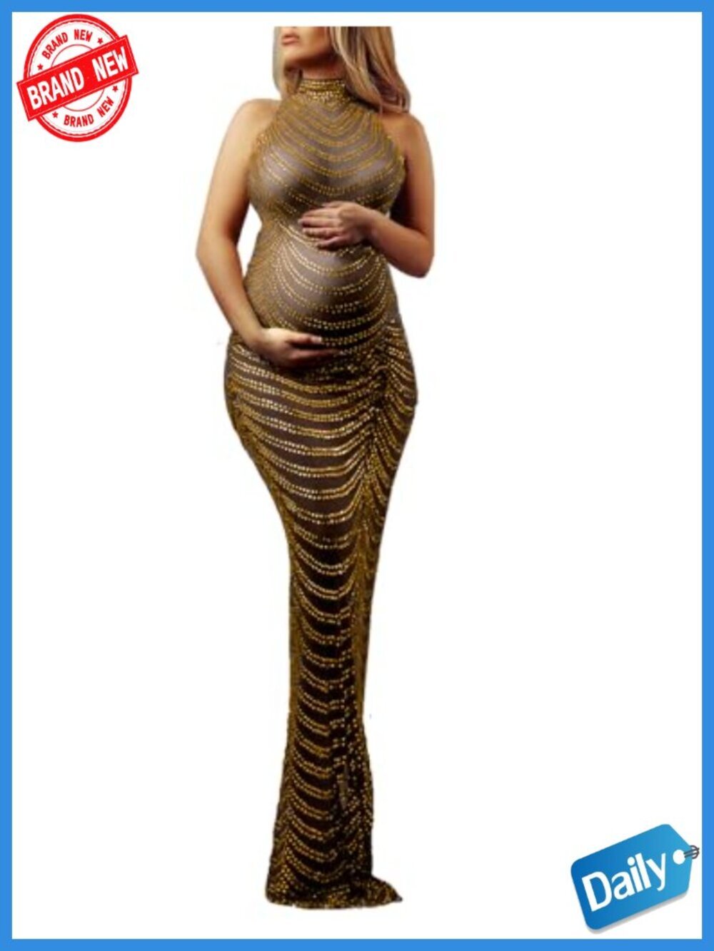 Maternity Photoshoot Gown Sleeveless Rhinestone High Neck Sheer Mesh Dress